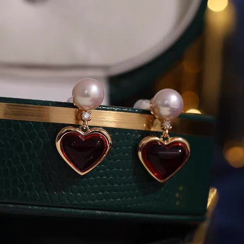Red Heart Pearl Earrings - Gold Vermeil